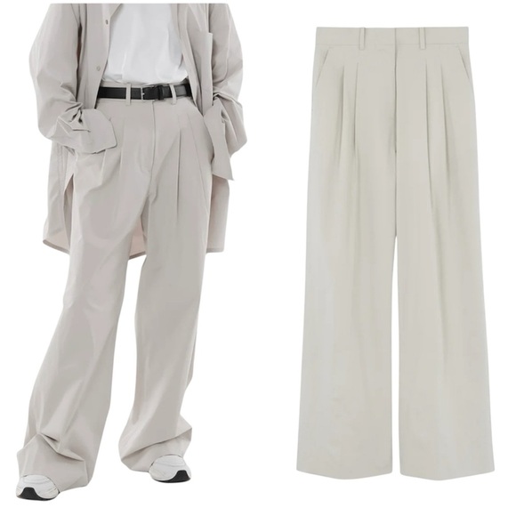 The Frankie Shop Jayden Wide Pants Size L Taupe Pleat Front High Rise Cotton - Picture 1 of 14
